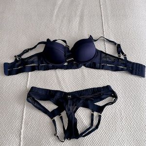 Navy Blue Honey Birdette Lingerie Set Bra (34B) & Thongs (S) and Garter Belt (S)